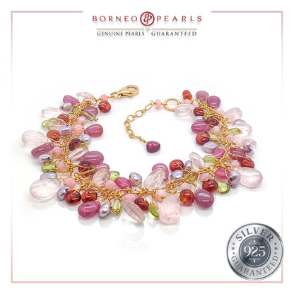 Ruby ,Rose Quartz Garnet Peridot and Baroque Pearl in 925 Silver Bracelet