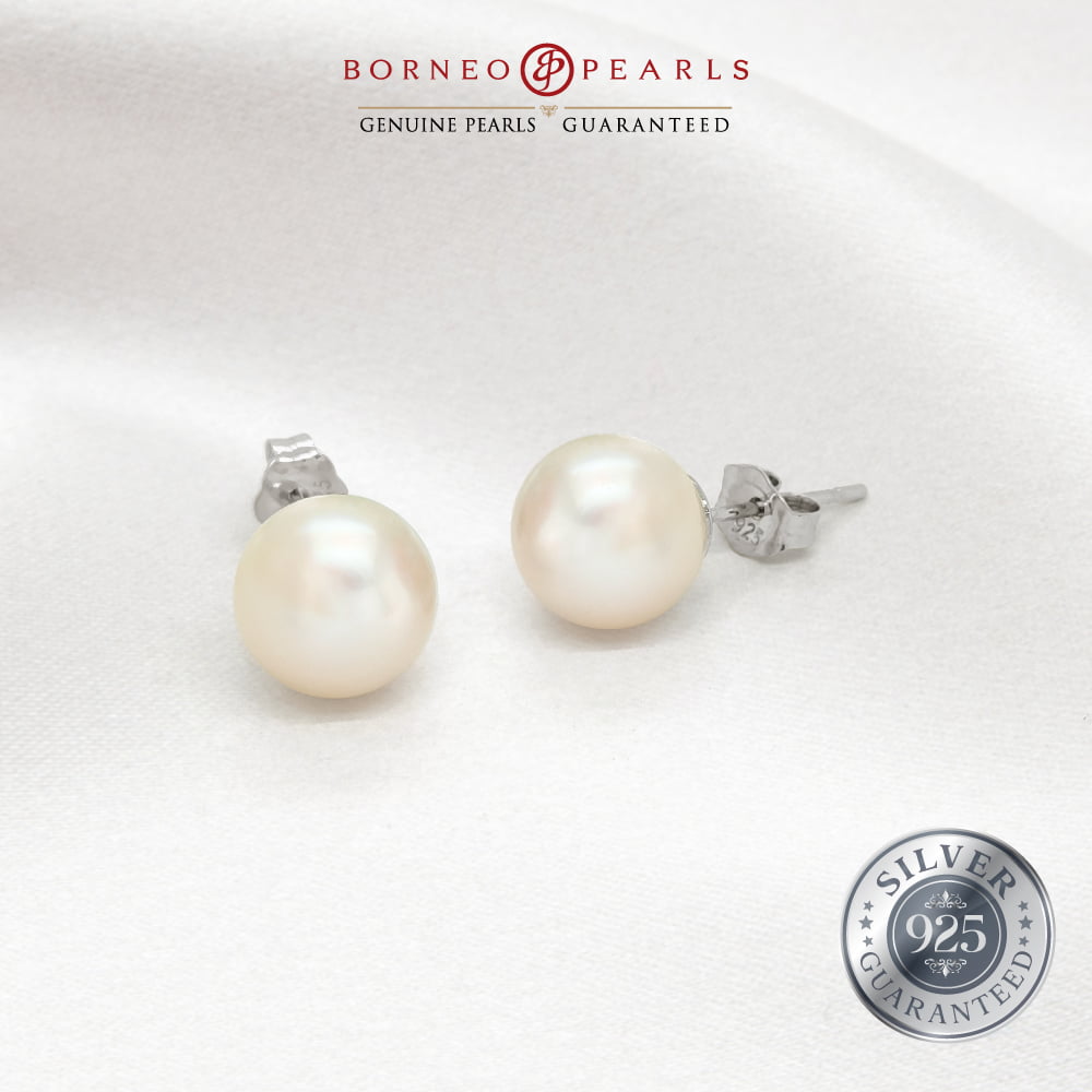 7-8mm Round Pearl Earrings in 9K White Gold / 925 Silver