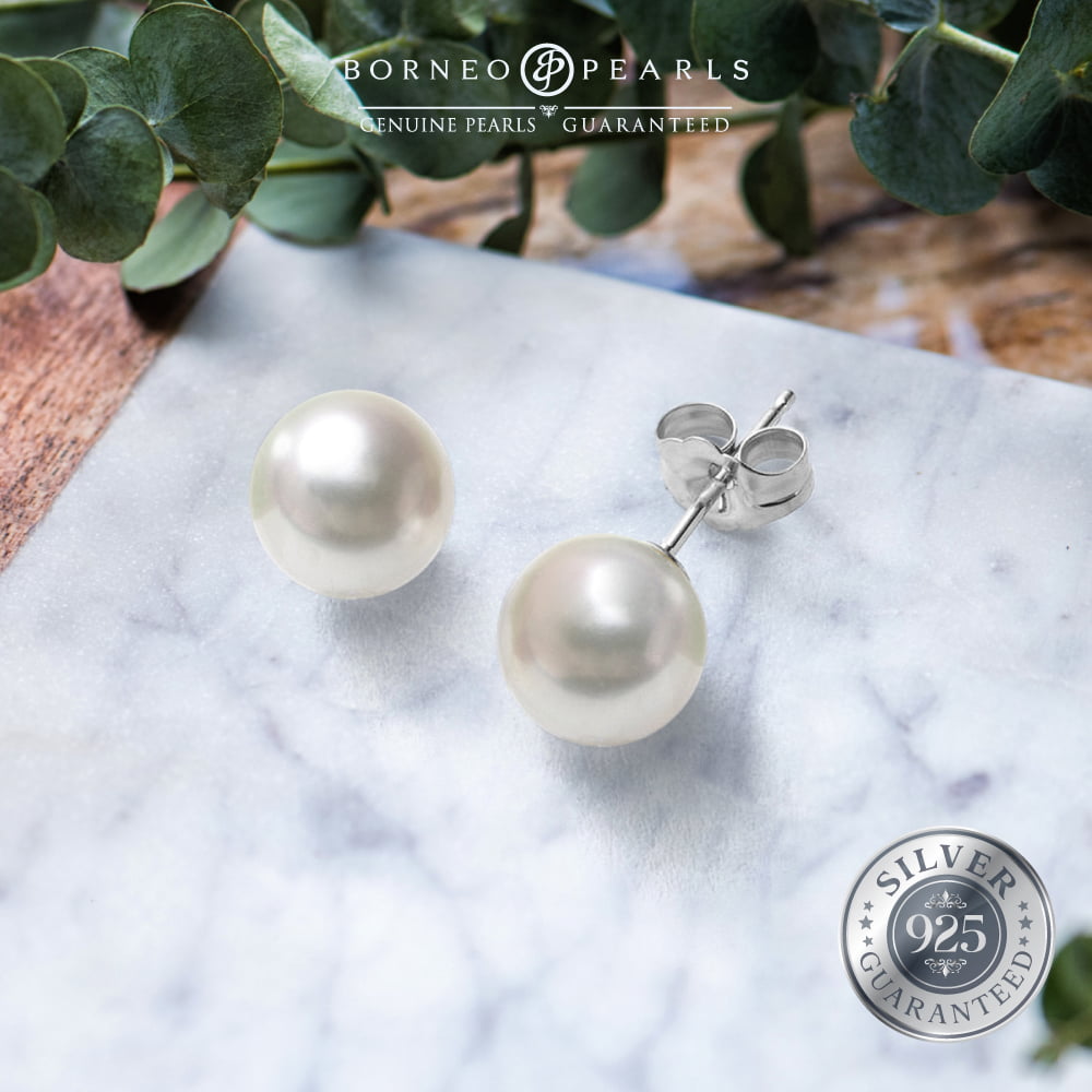 9-10mm Lustrous Round Pearl Stud in 925 Silver