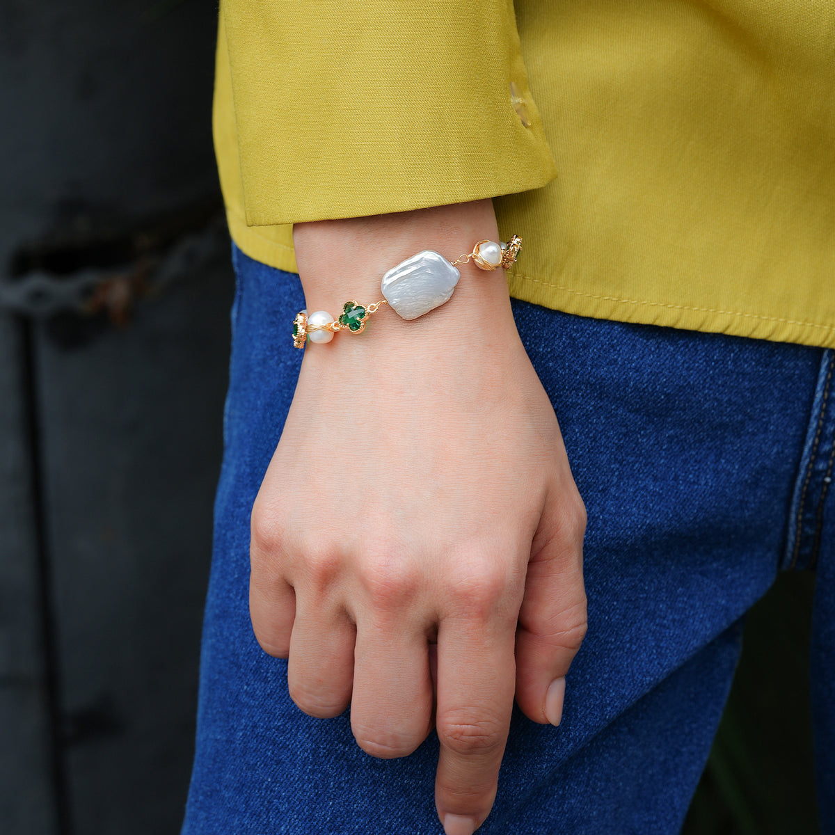 White Biwa &amp; Potato Pearl Adjustable Bracelet with Crystal Accents