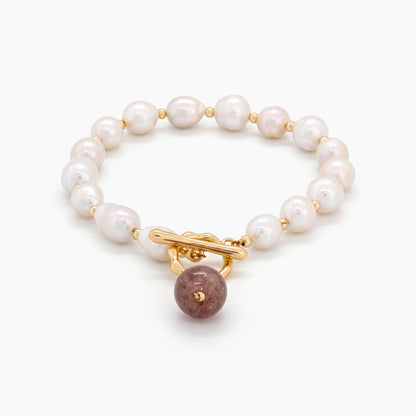 White Rice Pearl Bracelet with Strawberry Quartz Clasp – 7–8mm
