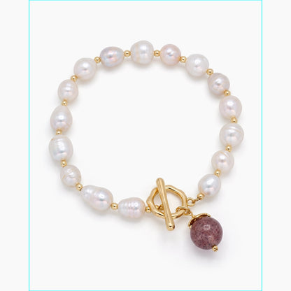 White Rice Pearl Bracelet with Strawberry Quartz Clasp – 7–8mm