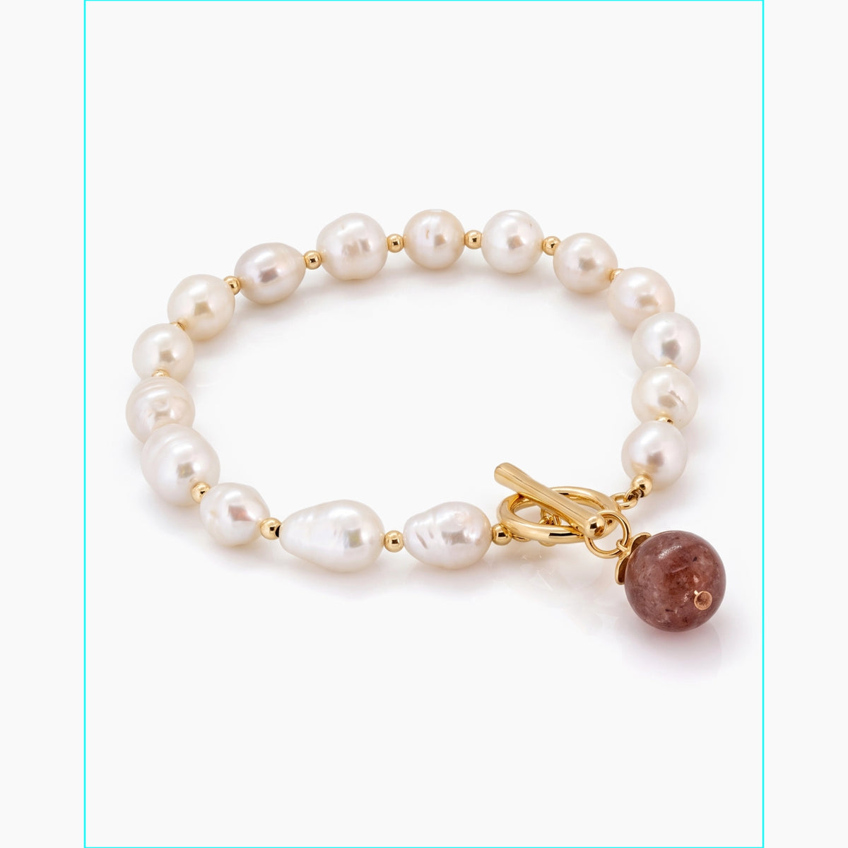 White Rice Pearl Bracelet with Strawberry Quartz Clasp – 7–8mm