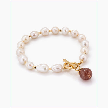 White Rice Pearl Bracelet with Strawberry Quartz Clasp – 7–8mm