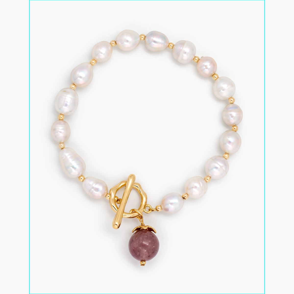 White Rice Pearl Bracelet with Strawberry Quartz Clasp – 7–8mm