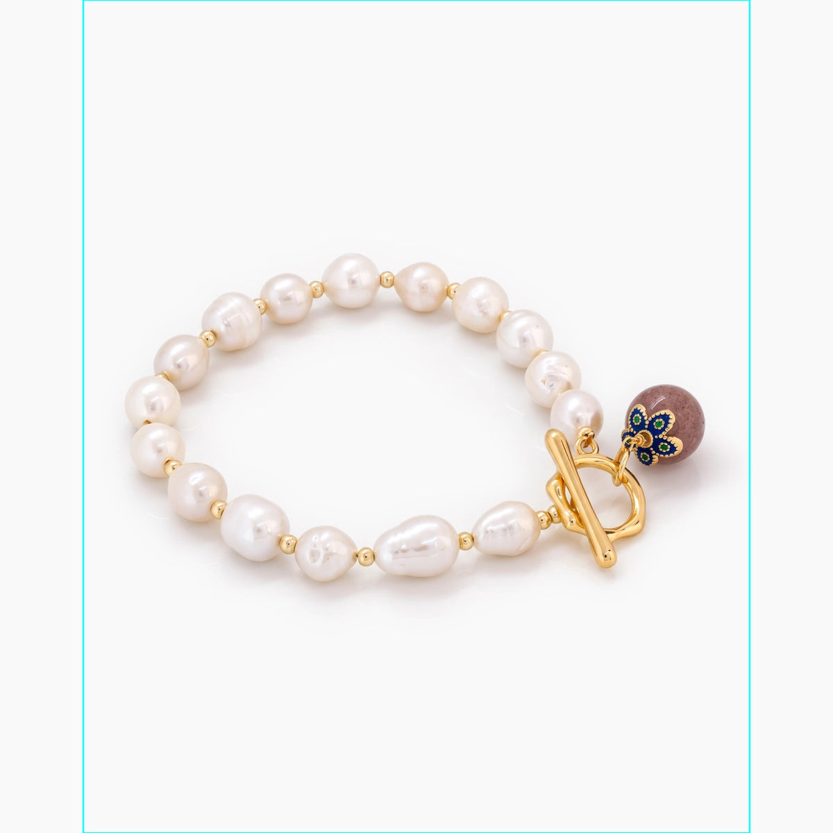 White Rice Pearl Bracelet with Strawberry Quartz Clasp – 7–8mm
