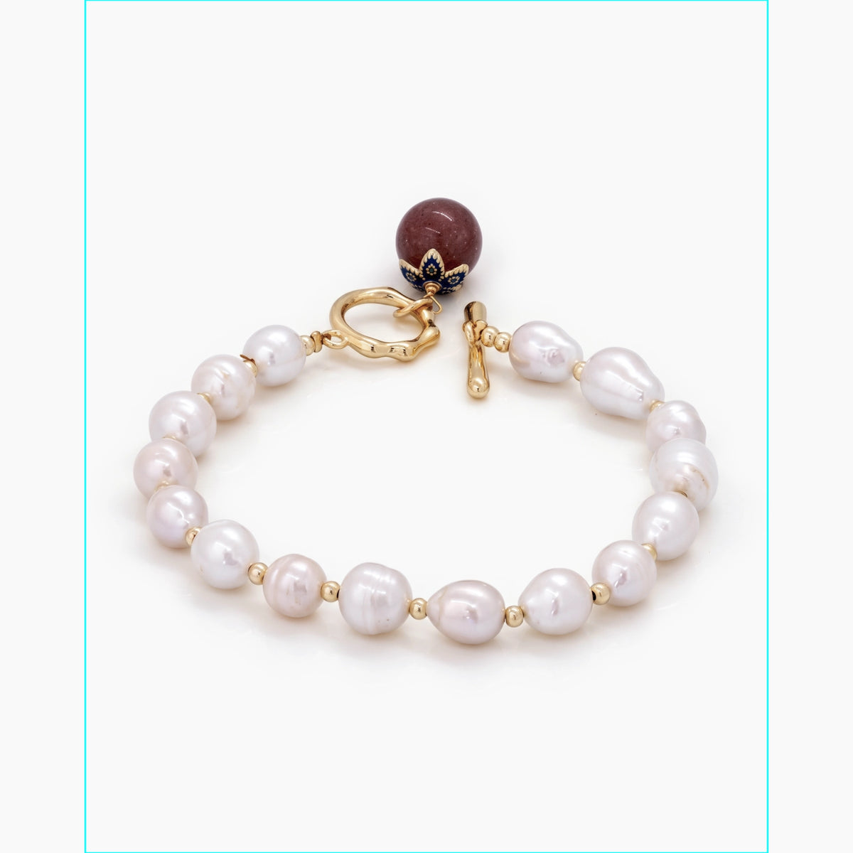 White Rice Pearl Bracelet with Strawberry Quartz Clasp – 7–8mm