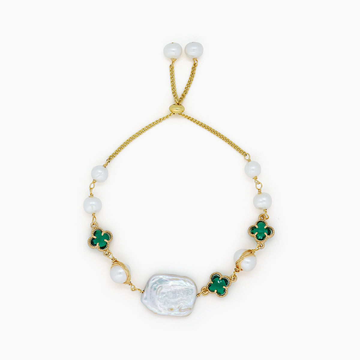 White Biwa &amp; Potato Pearl Adjustable Bracelet with Crystal Accents