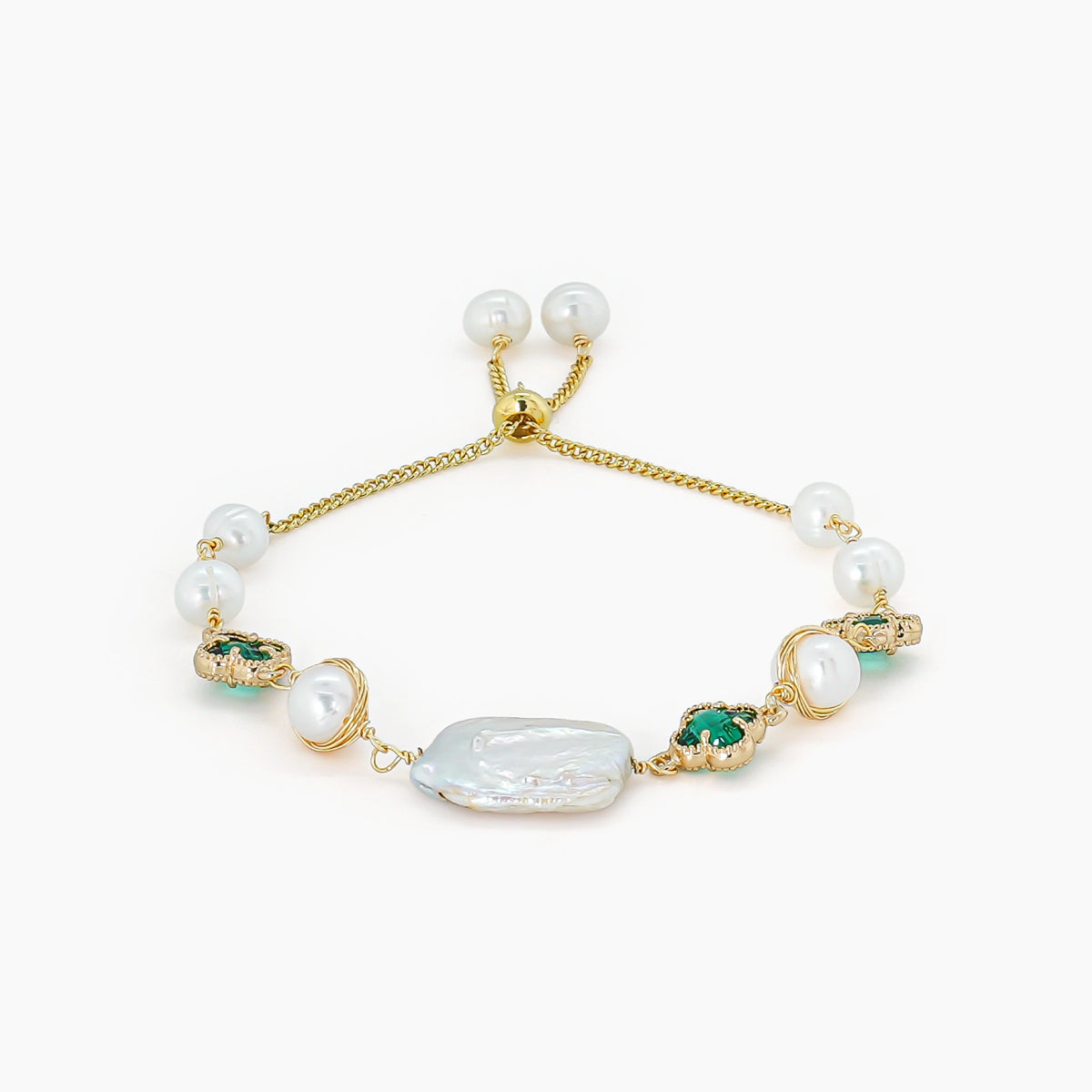 White Biwa &amp; Potato Pearl Adjustable Bracelet with Crystal Accents