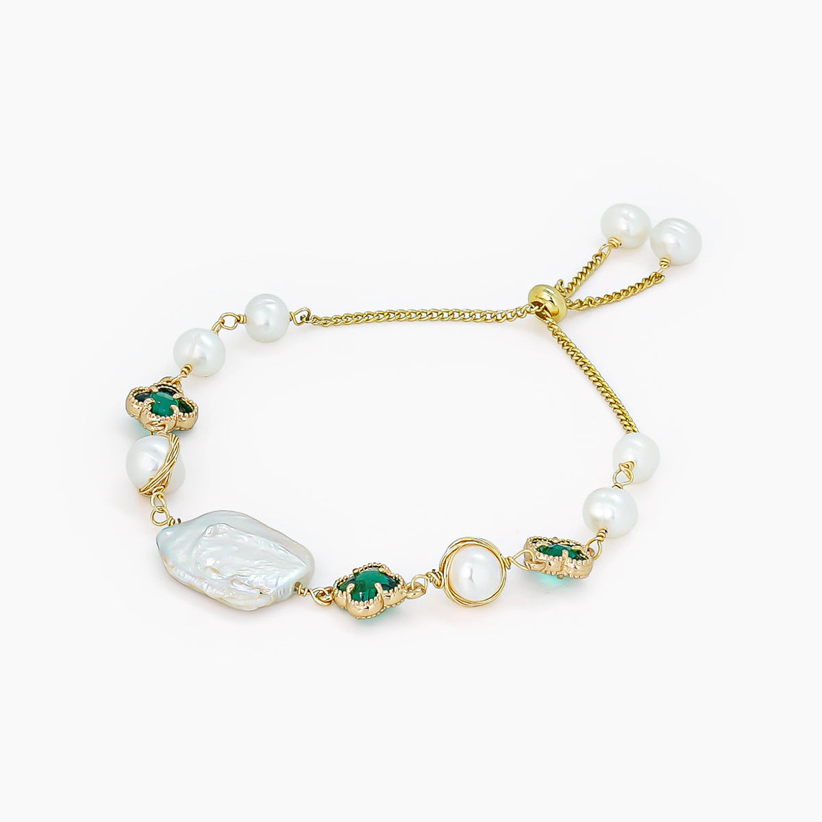 White Biwa &amp; Potato Pearl Adjustable Bracelet with Crystal Accents