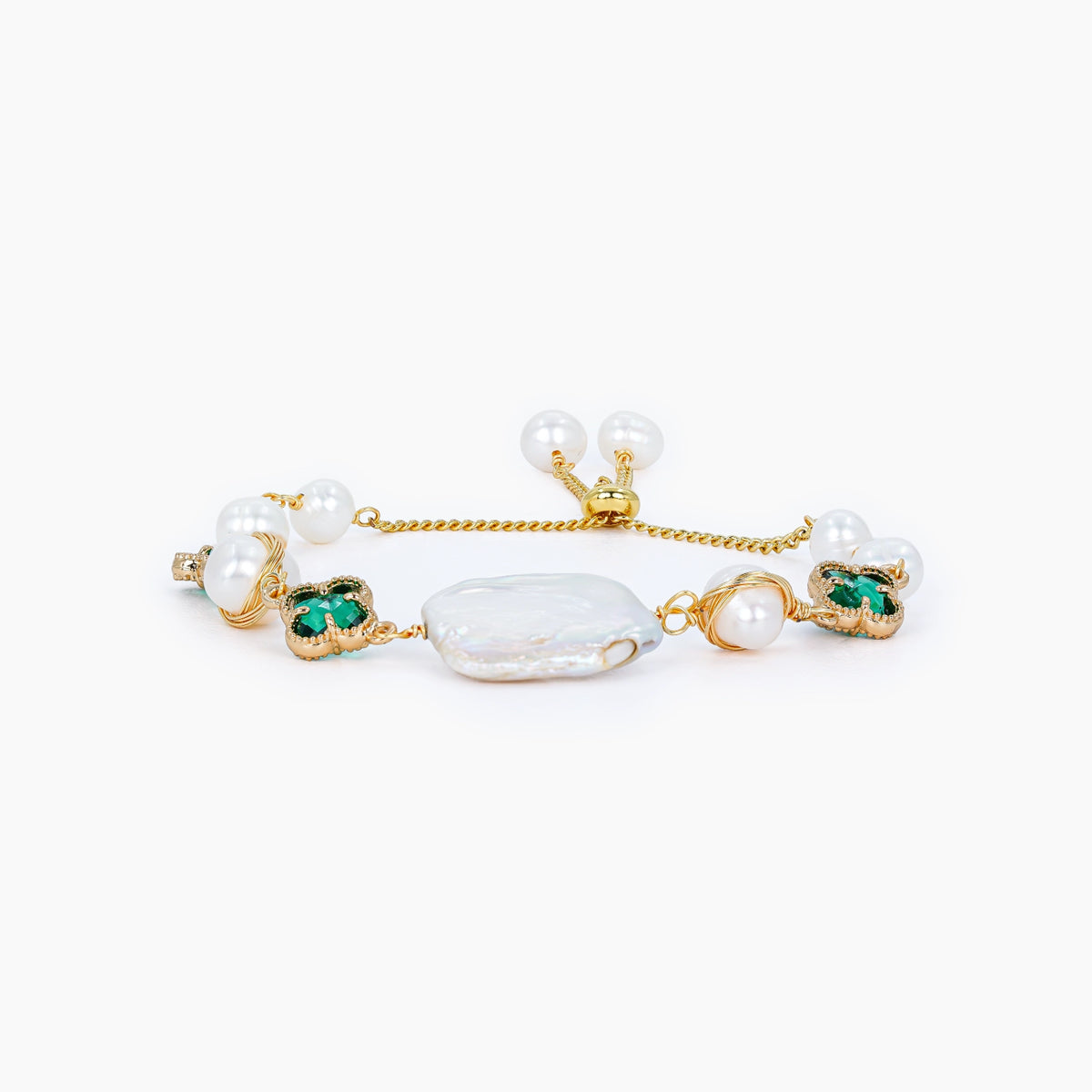 White Biwa &amp; Potato Pearl Adjustable Bracelet with Crystal Accents