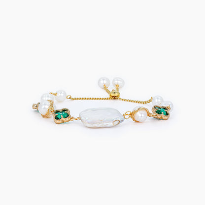 White Biwa &amp; Potato Pearl Adjustable Bracelet with Crystal Accents