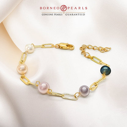 Pearls on Gold Platted Link Chain Bracelet