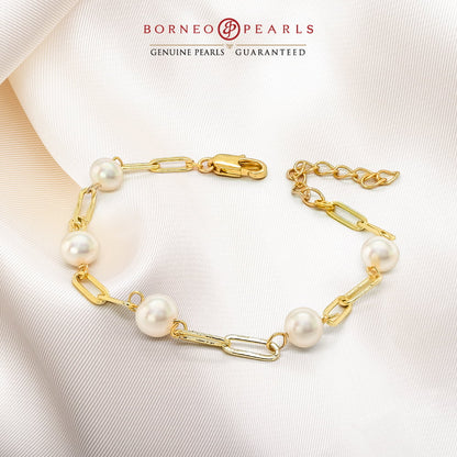 Pearls on Gold Platted Link Chain Bracelet