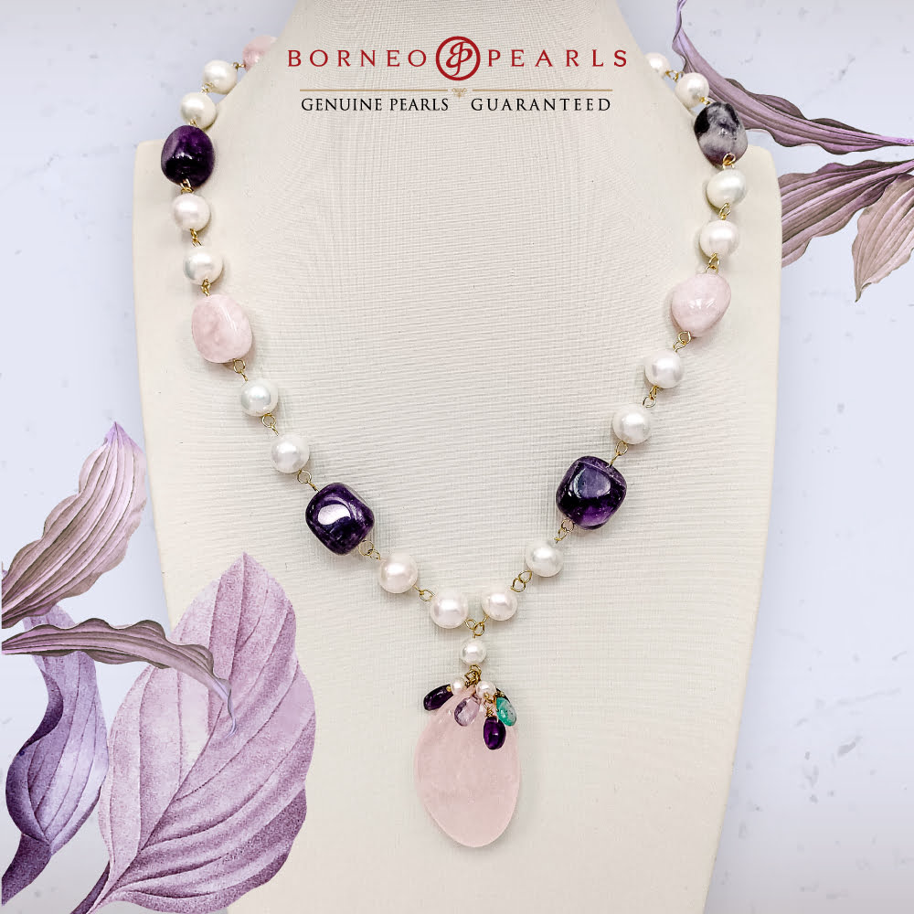 Amethyst , Rose Quartz & Pearl Necklace