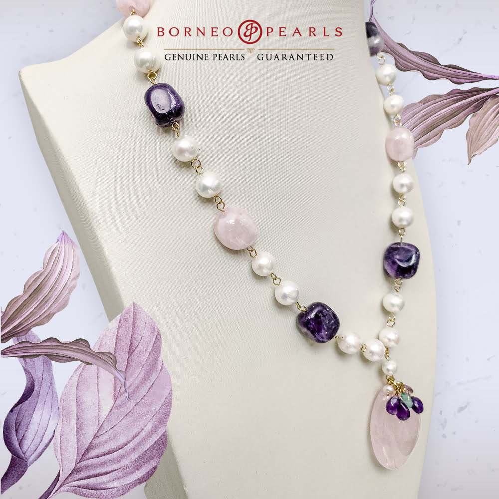 Amethyst , Rose Quartz & Pearl Necklace