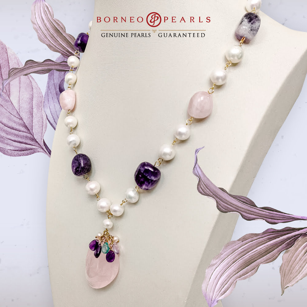 Amethyst , Rose Quartz & Pearl Necklace