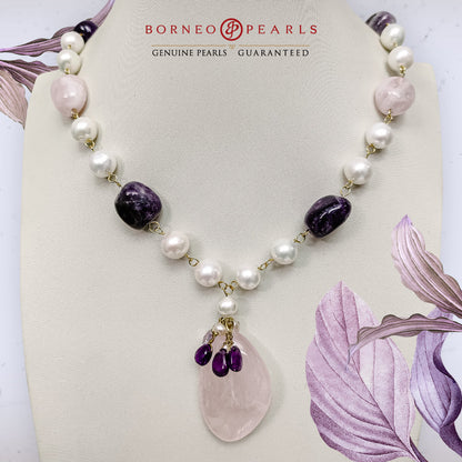 Amethyst , Rose Quartz & Pearl Necklace