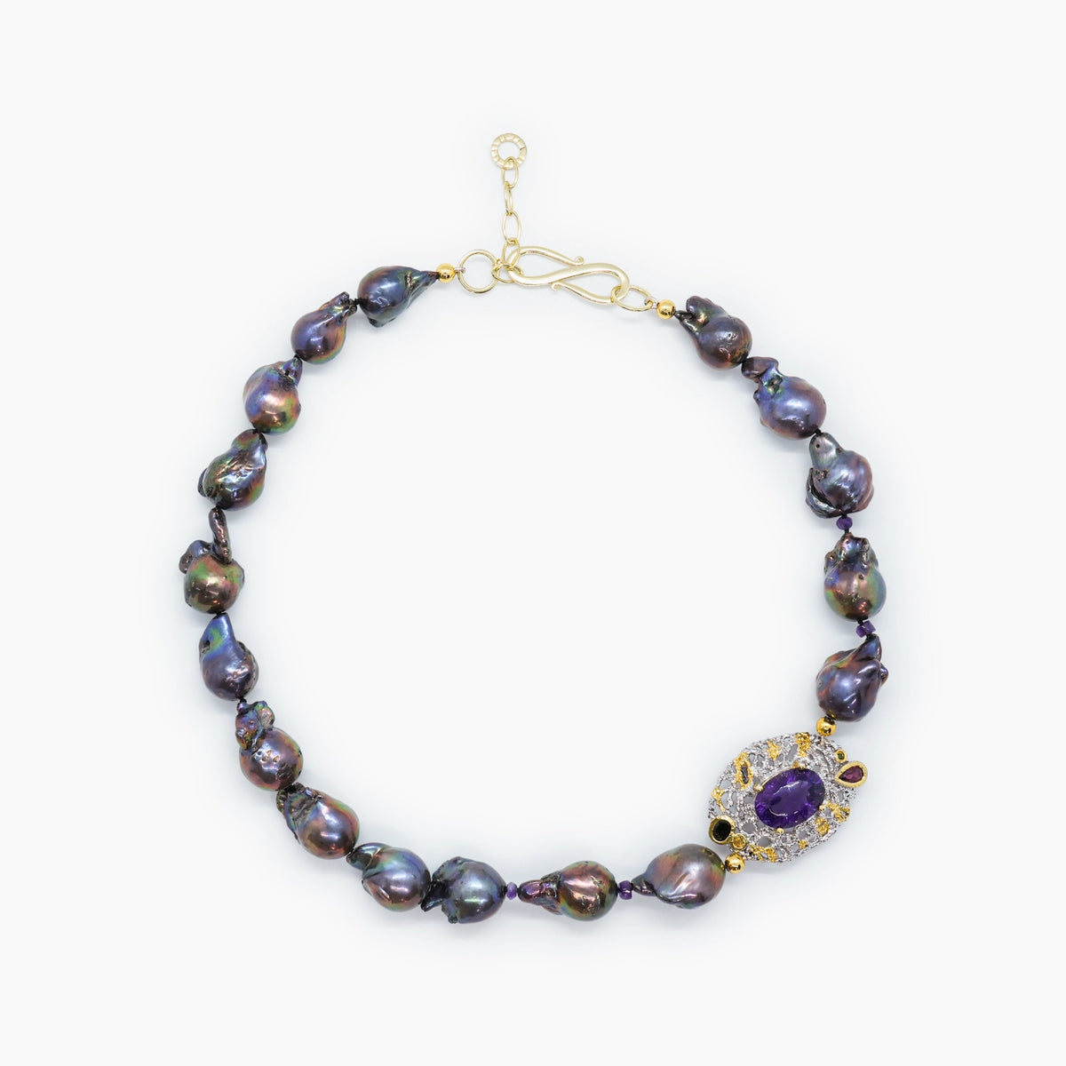 Black Baroque Pearl Necklace with Amethyst Pendant – 925 Silver