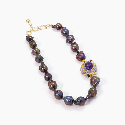 Black Baroque Pearl Necklace with Amethyst Pendant – 925 Silver
