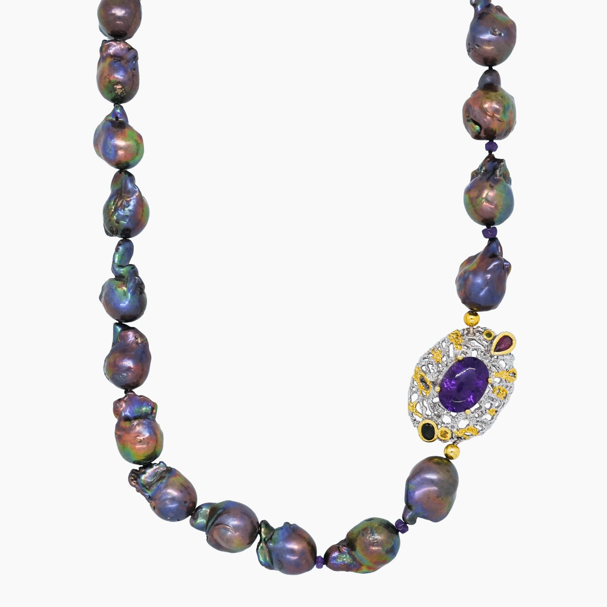 Black Baroque Pearl Necklace with Amethyst Pendant – 925 Silver
