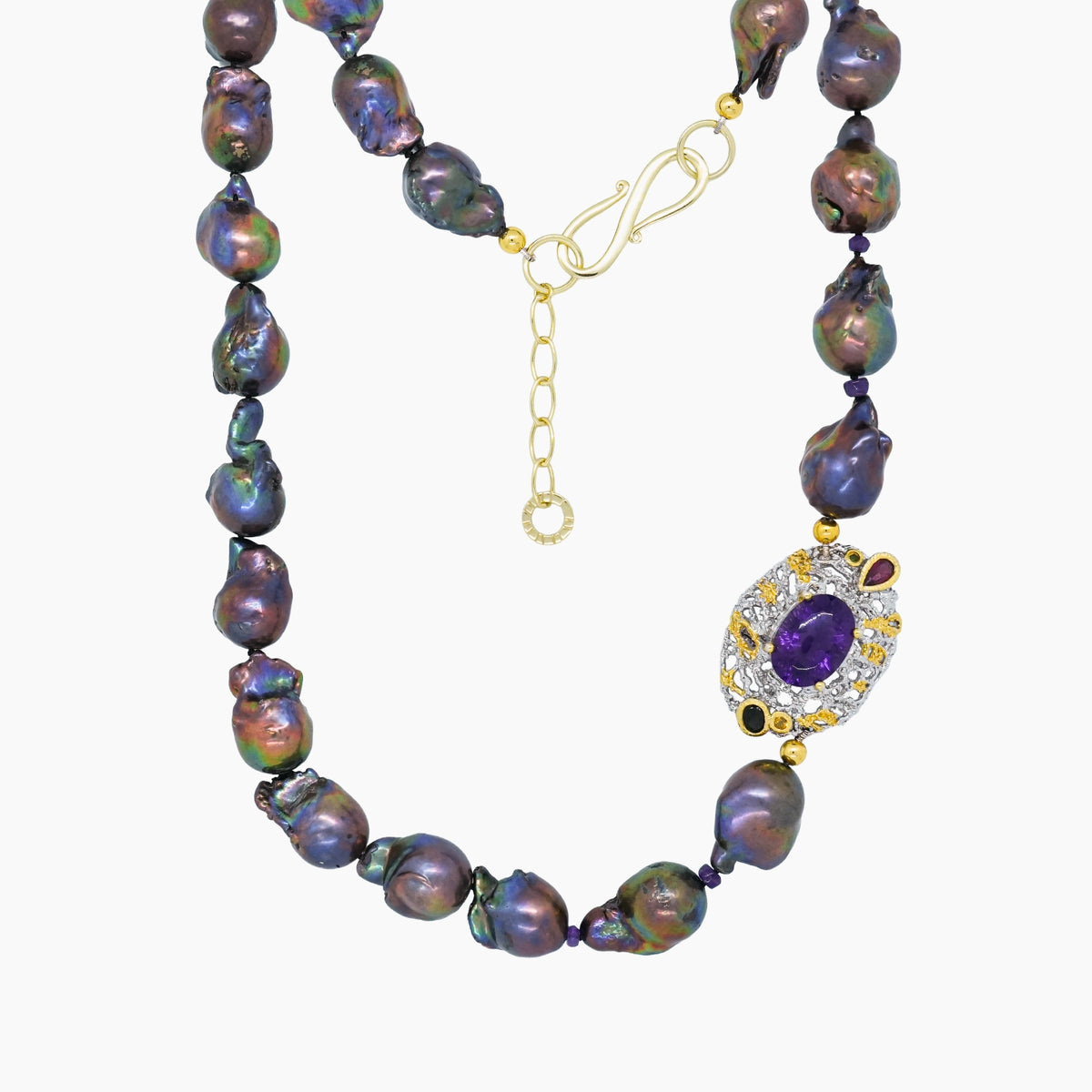 Black Baroque Pearl Necklace with Amethyst Pendant – 925 Silver
