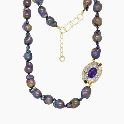 Black Baroque Pearl Necklace with Amethyst Pendant – 925 Silver