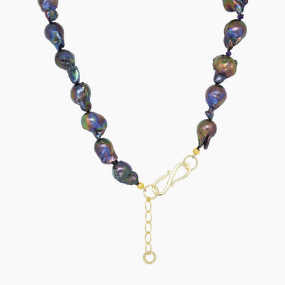 Black Baroque Pearl Necklace with Amethyst Pendant – 925 Silver