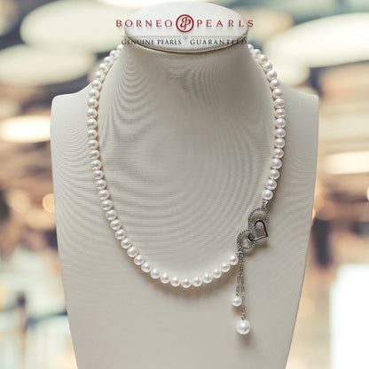 Pearl Necklace With Heart Charm Necklace