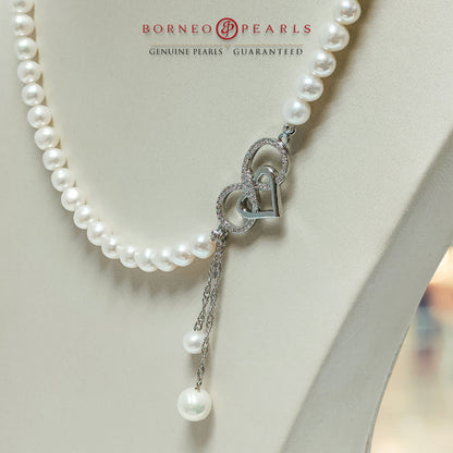 Pearl Necklace With Heart Charm Necklace