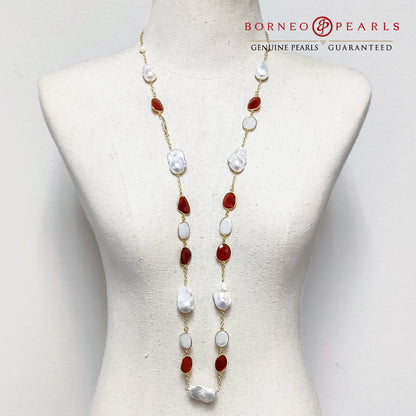 39' Inch  Baroque Pearls , Carnelian & Moonstone Necklace set in 925 Silver