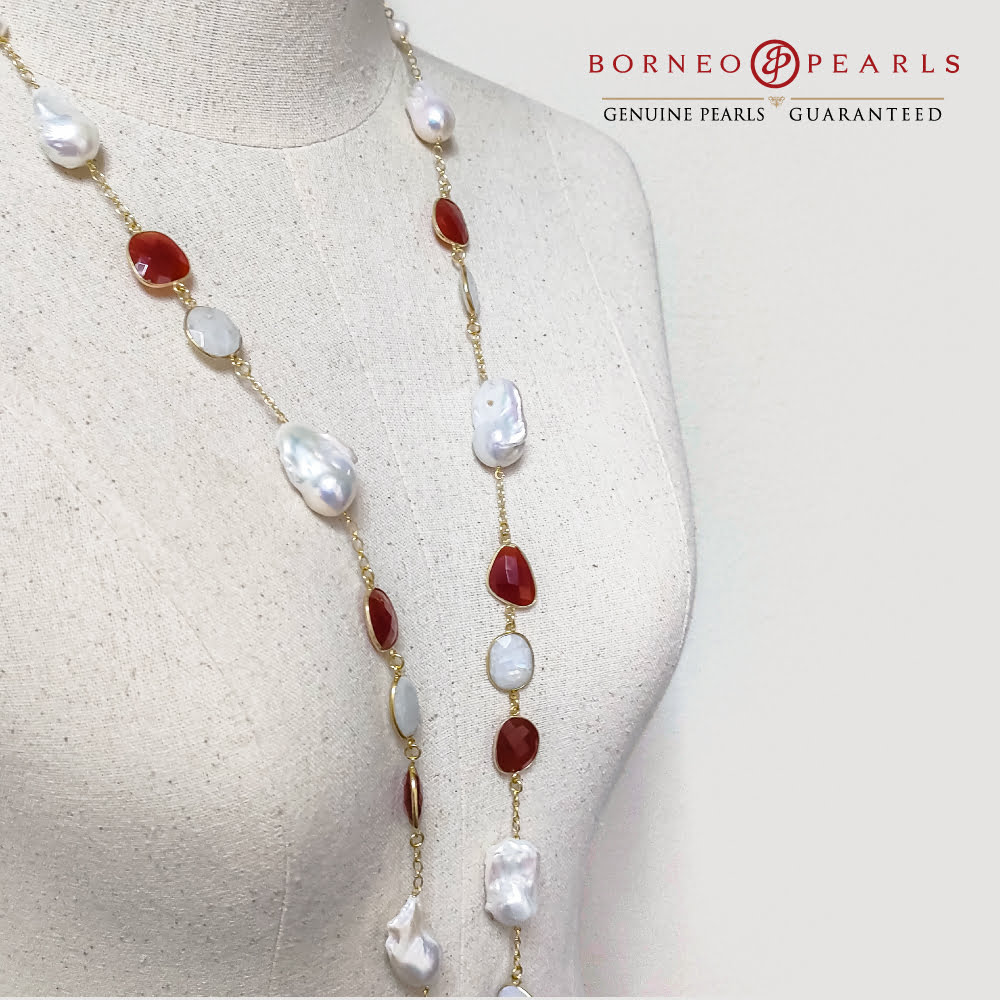 39' Inch  Baroque Pearls , Carnelian & Moonstone Necklace set in 925 Silver