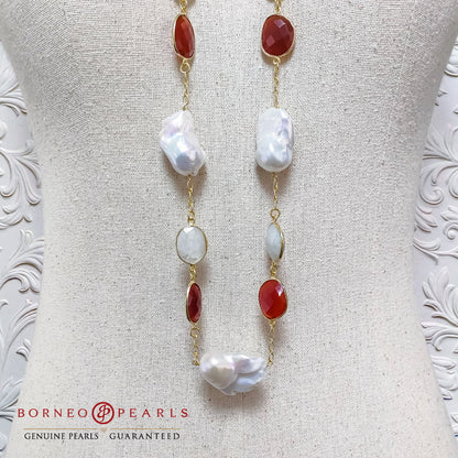 39' Inch  Baroque Pearls , Carnelian & Moonstone Necklace set in 925 Silver