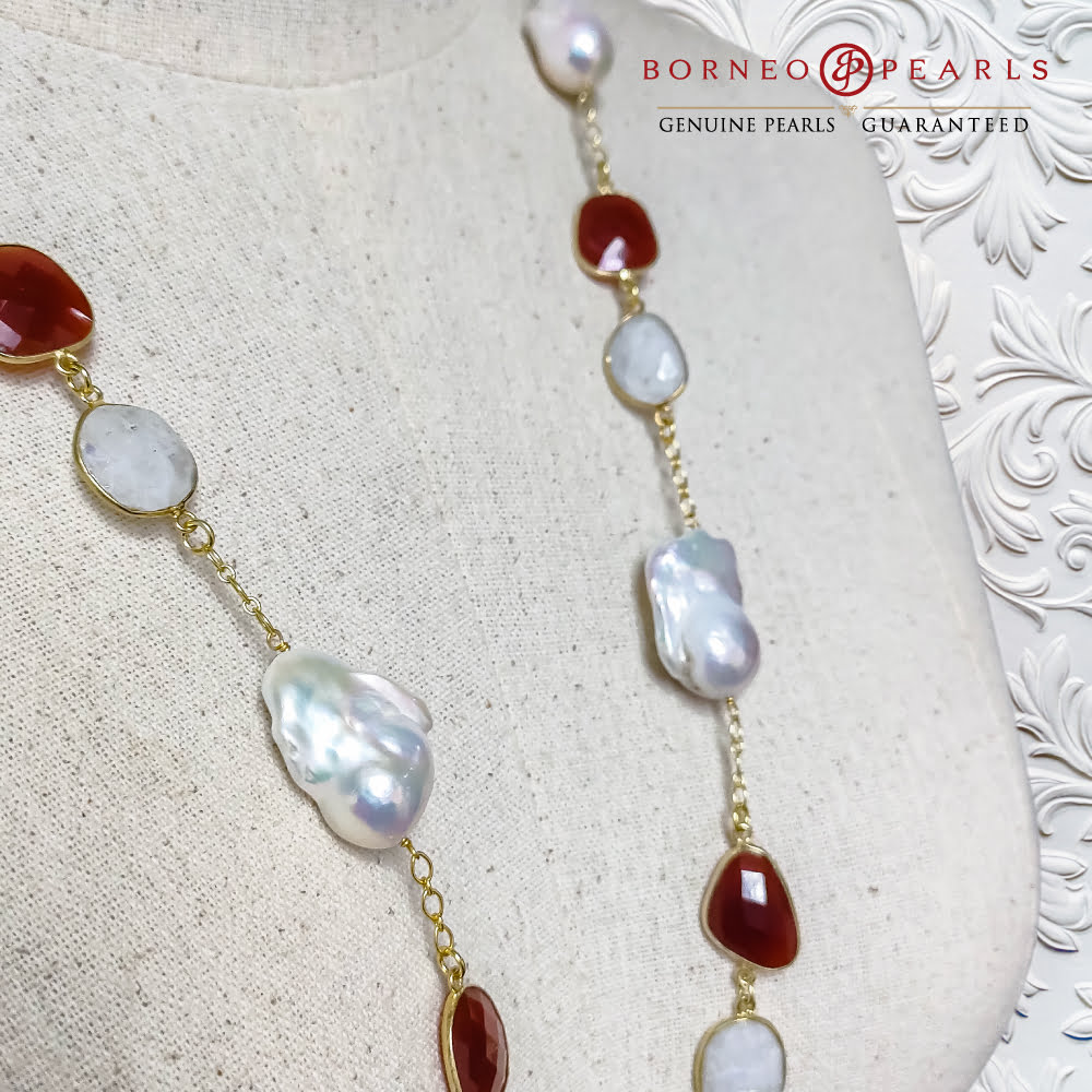 39' Inch  Baroque Pearls , Carnelian & Moonstone Necklace set in 925 Silver