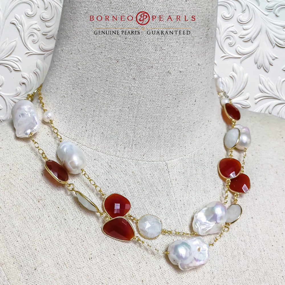 39' Inch  Baroque Pearls , Carnelian & Moonstone Necklace set in 925 Silver