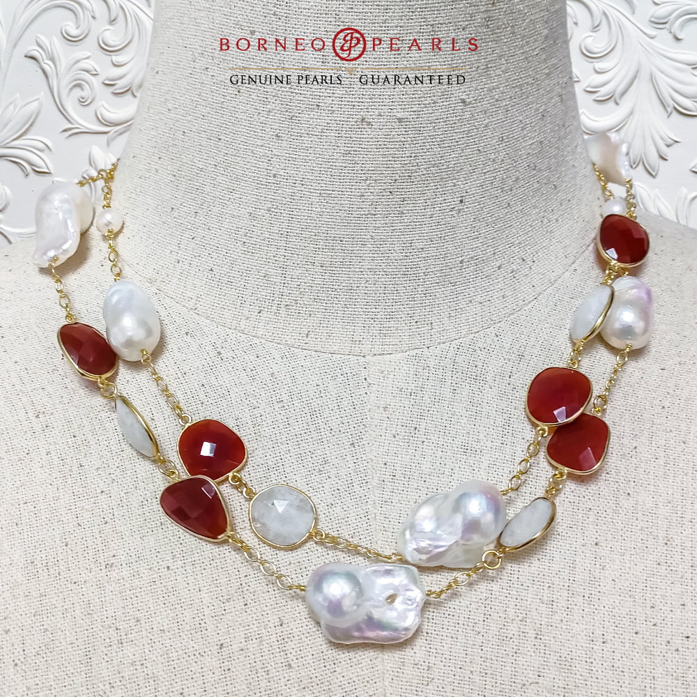 39' Inch  Baroque Pearls , Carnelian & Moonstone Necklace set in 925 Silver