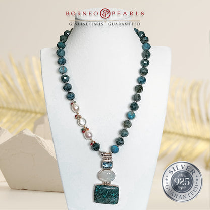 The Gemstones & Keshi Pearl Statement Necklace in Apatite, Turquoise, Moonstone & Blue Topaz.