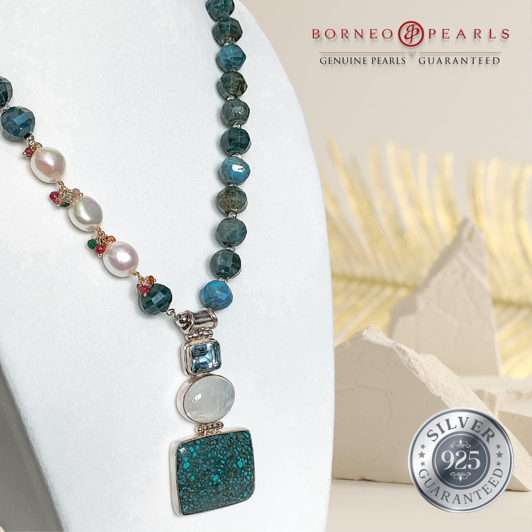 The Gemstones & Keshi Pearl Statement Necklace in Apatite, Turquoise, Moonstone & Blue Topaz.