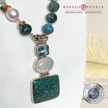 The Gemstones & Keshi Pearl Statement Necklace in Apatite, Turquoise, Moonstone & Blue Topaz.