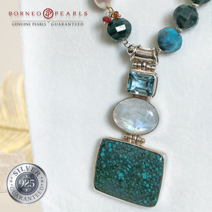 The Gemstones & Keshi Pearl Statement Necklace in Apatite, Turquoise, Moonstone & Blue Topaz.