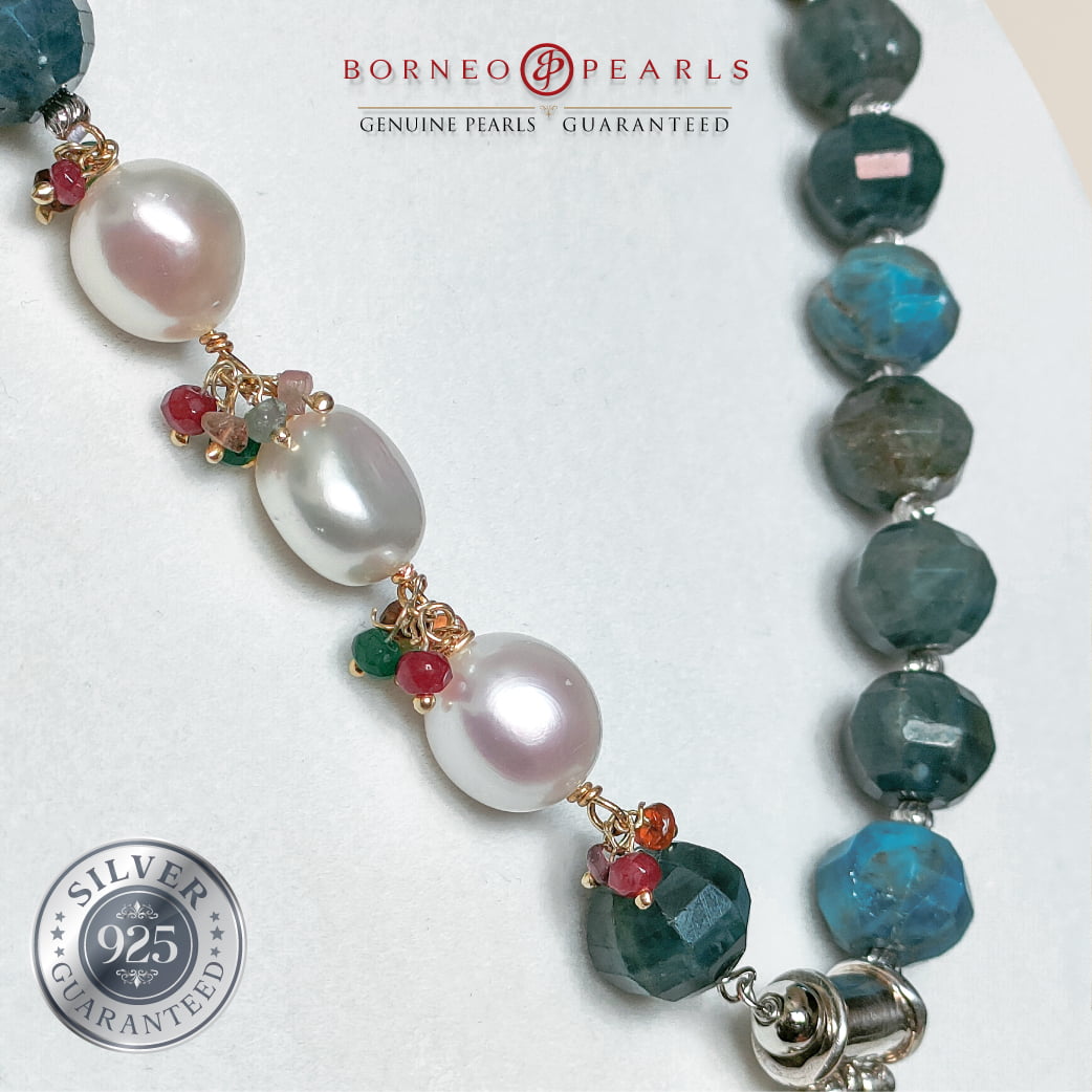 The Gemstones & Keshi Pearl Statement Necklace in Apatite, Turquoise, Moonstone & Blue Topaz.