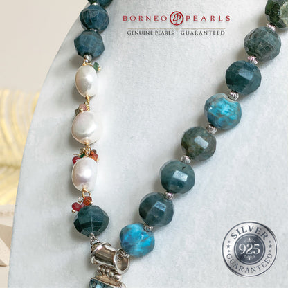 The Gemstones & Keshi Pearl Statement Necklace in Apatite, Turquoise, Moonstone & Blue Topaz.