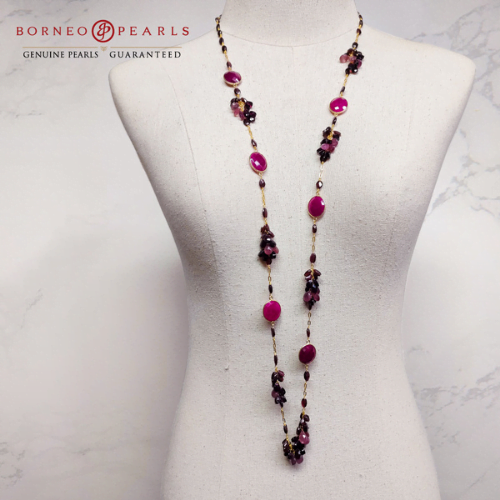 41 Inches Natural Ruby & Garnet Necklace in 925 Silver