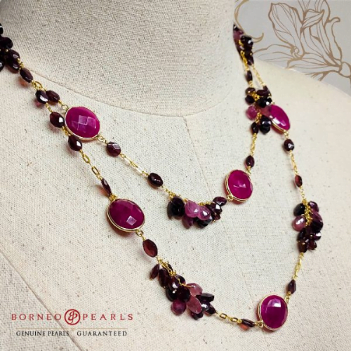 41 Inches Natural Ruby & Garnet Necklace in 925 Silver