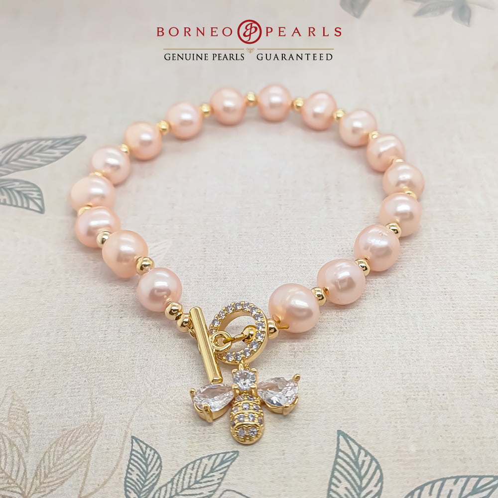 Pearl with Bee Charm Bracelet with Toggle Clasp