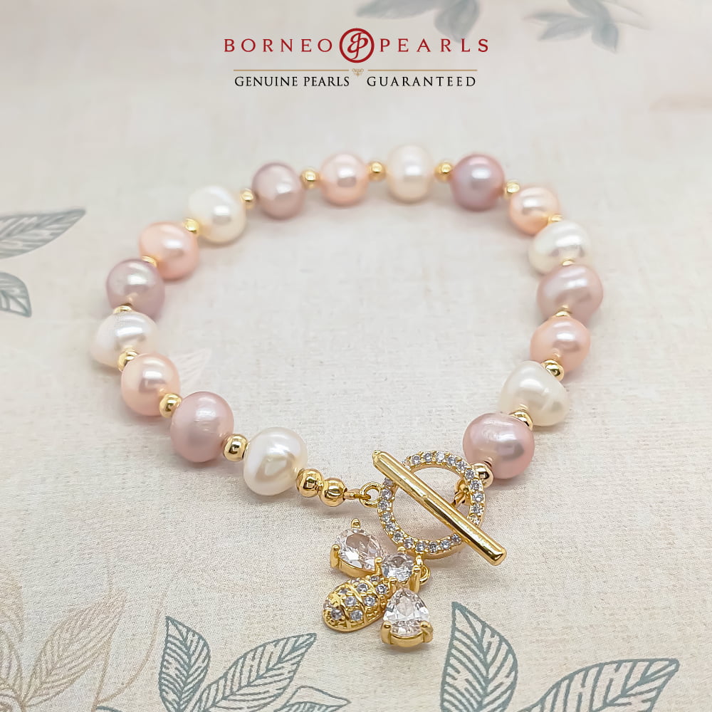 Pearl with Bee Charm Bracelet with Toggle Clasp