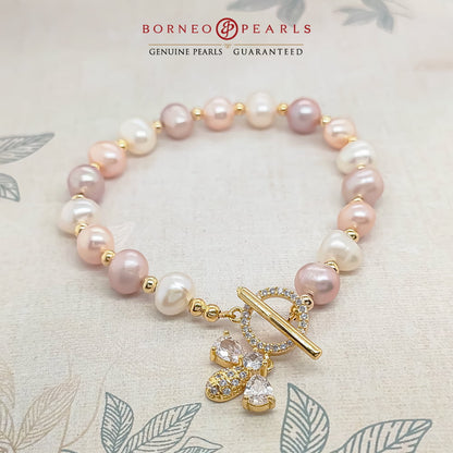 Pearl with Bee Charm Bracelet with Toggle Clasp