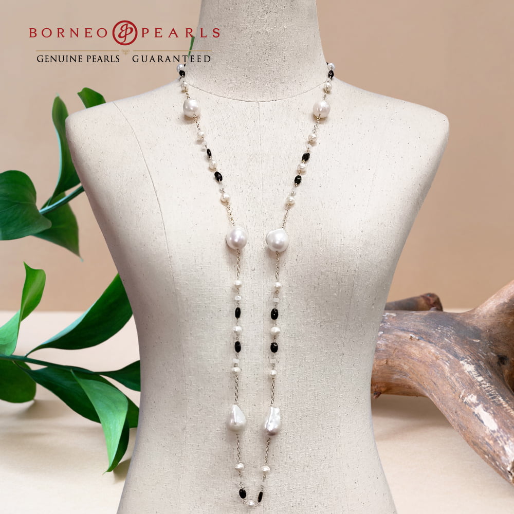 42' Inch Long Baroque & Potato Pearls ,Smoky Quartz & Moonstone  in 925 Silver Necklace