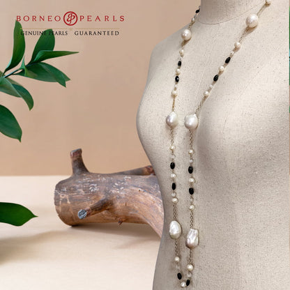 42' Inch Long Baroque & Potato Pearls ,Smoky Quartz & Moonstone  in 925 Silver Necklace