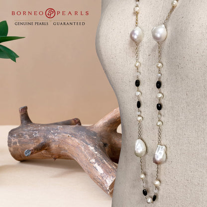 42' Inch Long Baroque & Potato Pearls ,Smoky Quartz & Moonstone  in 925 Silver Necklace